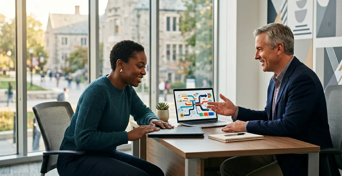 Student in professional attire engaging with career counselor in modern university office
