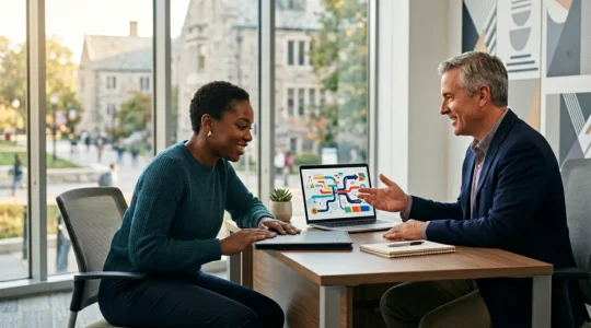 Student in professional attire engaging with career counselor in modern university office